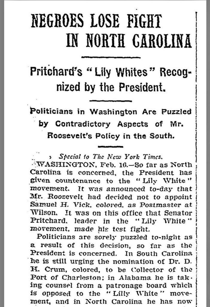 NEGROES LOSE FIGHT IN NORTH CAROLINA; Pritchard's "Lilly Whites" Recognized by the President. Politicians in Washington Are Puzzled by Contradictory Aspects of Mr. Roosevelt's Policy in the South.