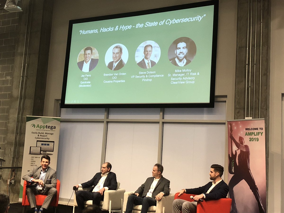 “Humans, Hacks, and Hype” - The State of #CyberSecurity at <a href="/apptega/">Apptega</a> Amplify 2019 with a stellar panel from <a href="/CousinsREIT/">Cousins Properties</a>, <a href="/pindrop/">Pindrop</a>, and Clearview Group with moderator, <a href="/jayferro/">Jay Ferro</a>