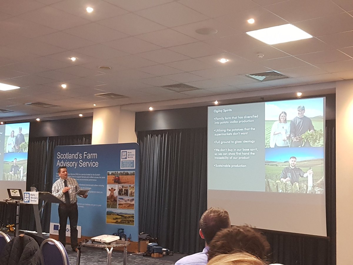 Graeme Jarron at #negathering19 speaking of how he returned to family farm and through passion and proving himself he established <a href="/ogilvyvodka/">Ogilvy Vodka</a> alongside his wife. With a 'Ground to Glass' ideology they are reducing waste, spreading risk &amp; securing their future  #nextgen #NFUS2019