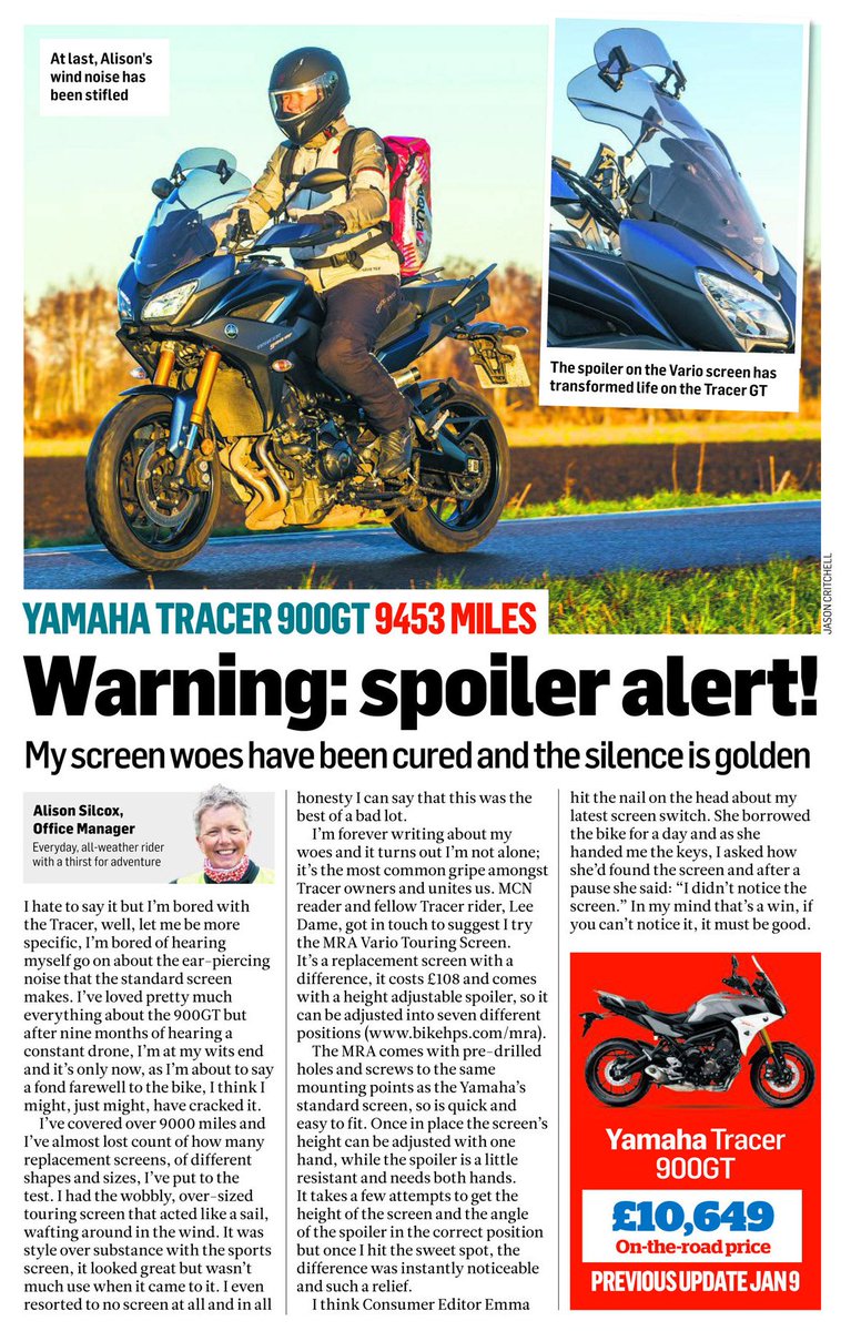 MCN’s Alison Silcox’s excellent review of the #MRAScreen for #YamahaTracer900GT
Check if we have an MRA screen for your bike at bikehps.com/mra

#MRAScreens #MRAWindshield #YamahaTracer #YamahaTracer900 #Tracer900 #Tracer900GT #Tracer900Yamaha #Yamaha900Tracer #TracerGT