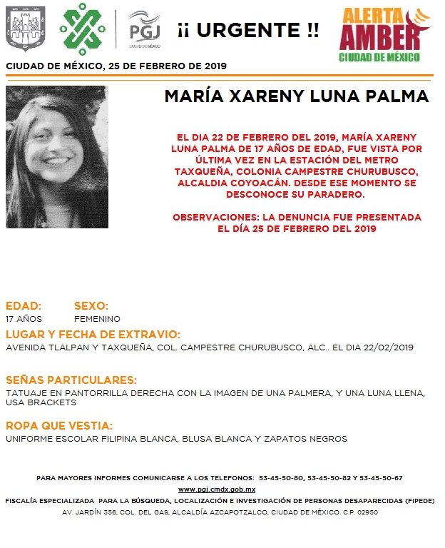 FiscaliaCDMX's tweet photo. Se activa #AlertaAmber para localizar a María Xareni Luna Palma, de 17 años, vista por última vez en la Col. Campestre Churubusco, Alc. Coyoacán. https://t.co/UOLbxhyhAk