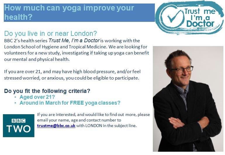 Trust Me I'm aDoctor (@bbctrustme) on Twitter photo Hi @Nw8mums we’re currently looking for London residents to find out if Yogo is beneficial to our health...
If you’re aged 21+ and would be interested in some free yoga classes please email us
✉️ trustme@bbc.co.uk Hi @Nw8mums we’re currently looking for London residents to find out if Yogo is beneficial to our health...
If you’re aged 21+ and would be interested in some free yoga classes please email us
✉️ trustme@bbc.co.uk