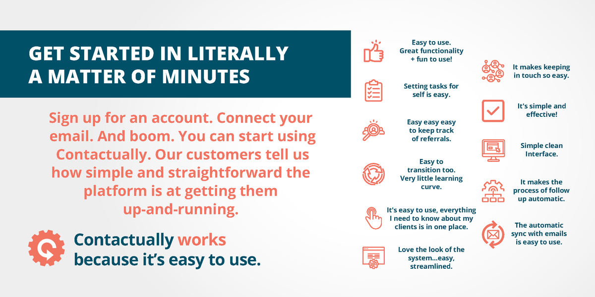 With #Contactually, you can get started in literally a matter of minutes! Begin your free trial and see for yourself just how easy it is to use Contactually for your #realestate business --&gt; contactual.ly/2SMyk5V