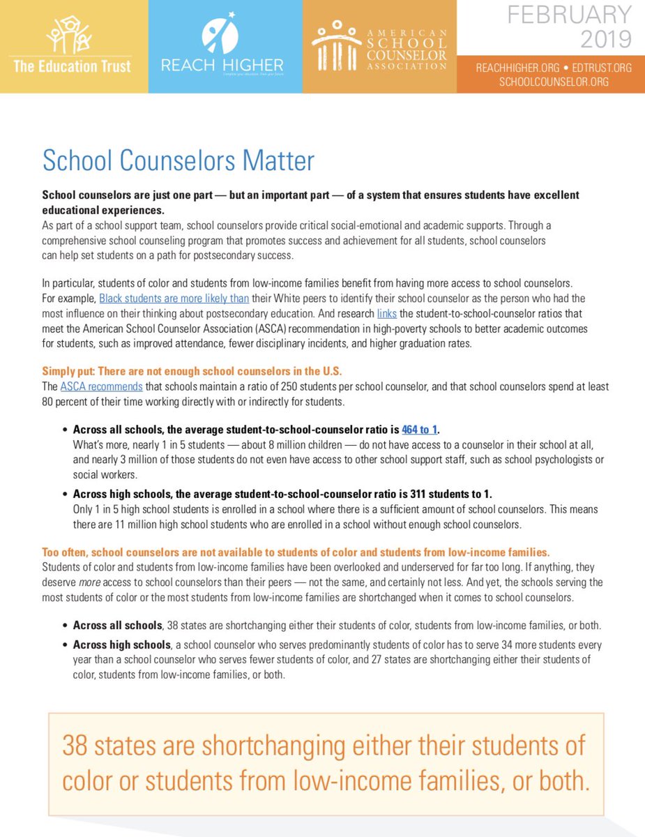 School counselors matter! 🙌

We worked with <a href="/EdTrust/">EdTrust</a> + <a href="/ASCAtweets/">ASCA</a> to put together this fact sheet highlighting the important role that school counselors play in a student’s life. #ReachHigher bit.ly/2D6MuEu