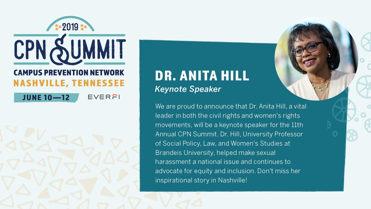 We're honored to introduce civil & women's rights leader and Brandeis University professor Anita Hill as the keynote speaker for our 2019 Campus Prevention Network Summit occurring June 10-12 in Nashville, TN. #CPN2019
Register Today: https://bit.ly/2EwrcBR