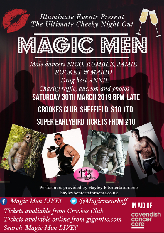 MagicMenSheff's tweet image. THE ULTIMATE LADIES NIGHT not to be missed in Sheffield this March!
Super early bird tickets selling fast! *Event link in bio*
All proceeds  going towards @CavCancerCare #Ladiesnight #sheffieldevents #charitynight #Sheffieldissuper #ATSocialMedia #Socialsheff #Rotheramiswonderful