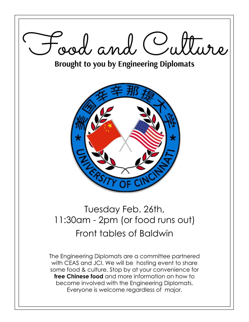 ucdiplomats's tweet photo. Free Chinese Food! Engineering Diplomats will be having our Cultural Food Event TODAY from 11:30am - 2pm (or when food runs out) at the Baldwin Front Tables
#ucdiplomats #ucinternational #jci @UC_CEAS @UC_Global https://t.co/B4iwogFjGz