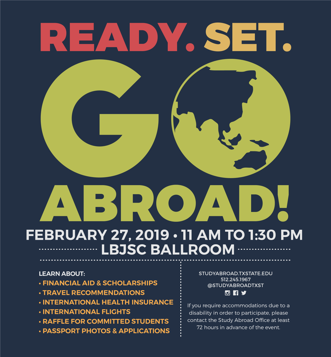 txstedabroad's tweet photo. Don't forget, Ready. Set. Go Abroad! is TOMORROW from 11 AM to 1:30 PM in the @lbjsc ballroom! Learn about financial aid & scholarships, take part in our raffle, get your passport photos & applications, plus a lot more! #txstabroad #studyabroad https://t.co/LxJKbKe8eY