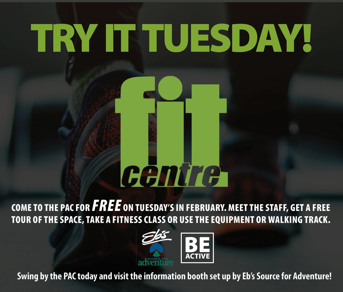 USaskKin's tweet photo. It's our last TRY IT TUESDAY!

Come by the PAC all day for FREE admission to try all of the great things we have to offer. Rock climbing, Fit Centre, open gym times, swimming, and racquetball to name a few.

Eb's Source for Adventure will have a booth set up near the Fit Centre! https://t.co/ukpSu6M6JC