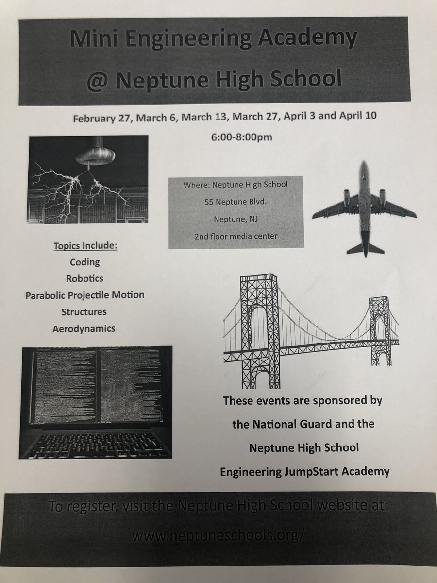 Volunteer engineering program starting tomorrow night. Register on Neptune High School’s website