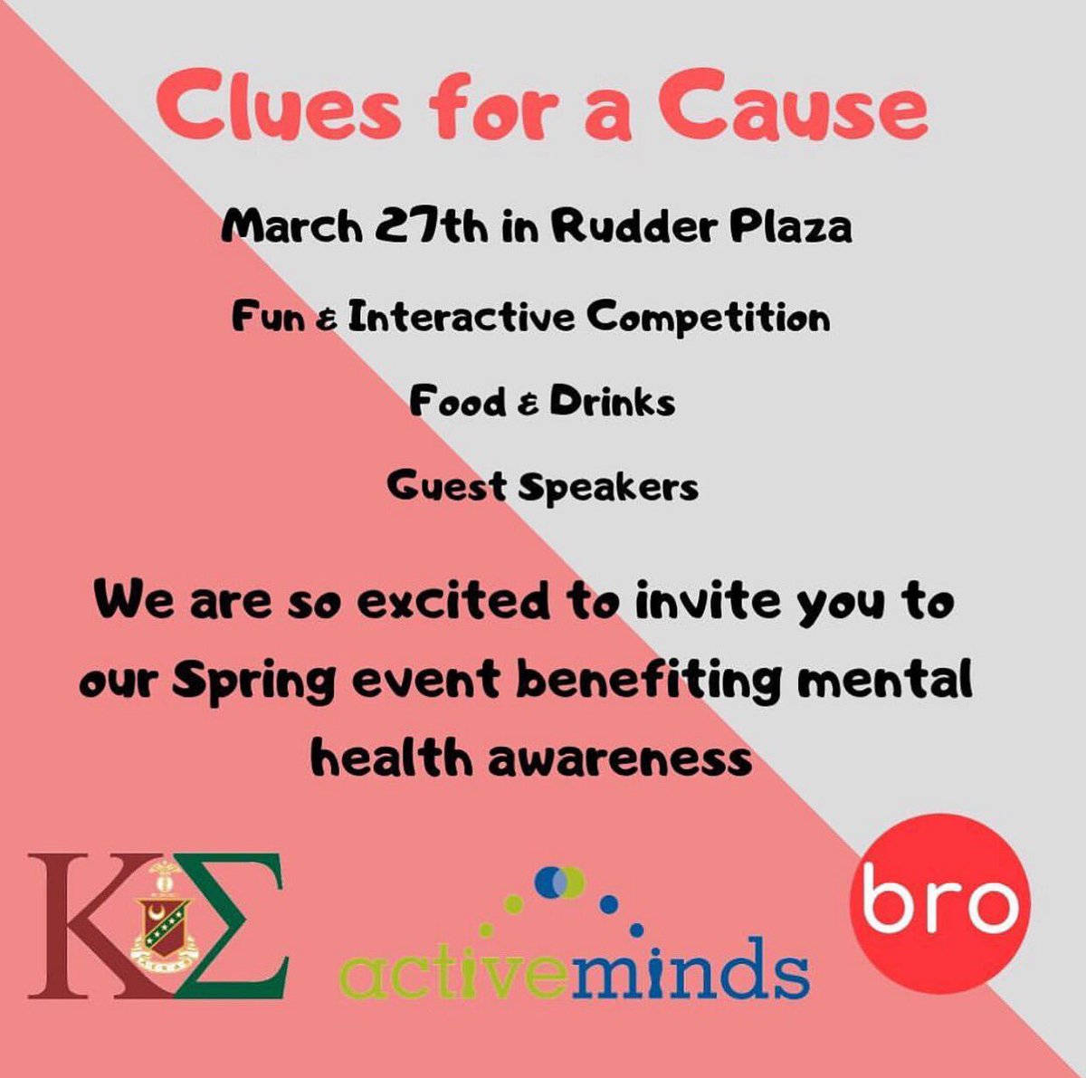aggiekappasigma's tweet image. We are excited to announce Clues for a Cause that we will be hosting with Active Minds. We invite you to come join us in benefiting mental health awareness on March 27th at Rudder Plaza. More information including the time of the event will come out soon!