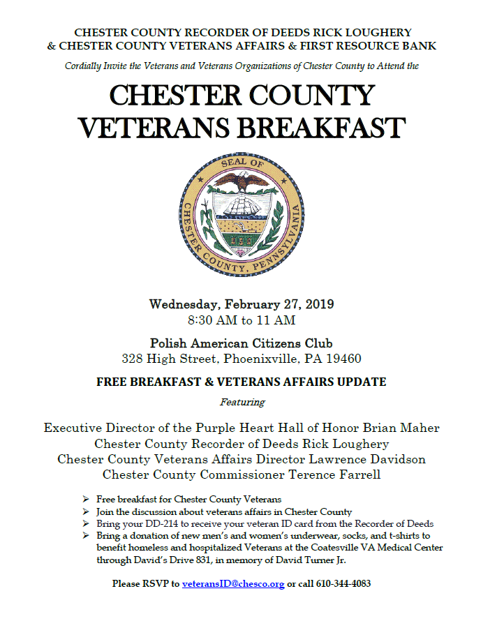 ChesCoVeterans's tweet photo. Free Breakfast for Chester County Veterans 
Feb 27, 2019
8:30 AM-11
328 High Street, Phoenixville
Featuring
Director of the Purple Heart Hall of Honor Brian Maher
Recorder of Deeds Rick Loughery
Veterans Affairs Director Lawrence Davidson
Chester Co. Commissioner Terence Farrell https://t.co/hjhX83UrdU