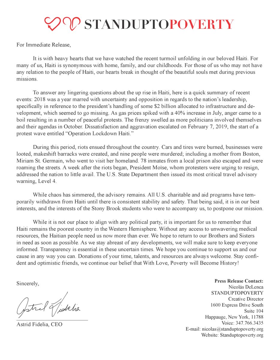 standup2poverty's tweet photo. Many of you have been asking about our thoughts and feelings regarding the state of #Haiti , and in turn, our plans regarding our mission trip (previously scheduled for March 15-23) to the country. If after reading this you have any remaining questions, please feel free to ask. https://t.co/6za6fZZLtx
