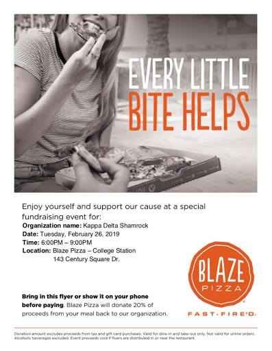 Shamrock Week is here everyone! Today we're having our profit share at Blaze Pizza from 6-9 PM, and we'd love you to see you there! Show the following flyer to give back to our philanthropies ☘️ Don't forget to donate online 
bit.ly/2GzxC4K