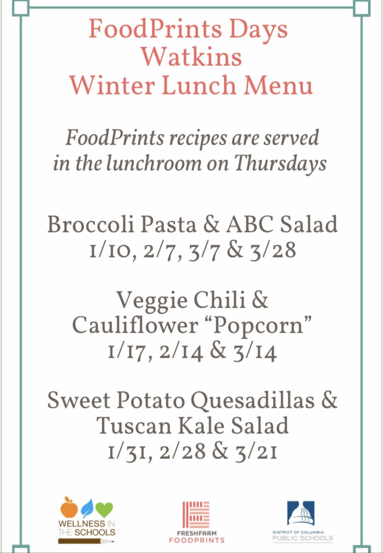 FoodPrintsCHCS's tweet photo. We are already looking forward to Thursday's FoodPrints Day in the Watkins Lunchroom - Sweet Potato Quesadillas &amp; Tuscan Kale Salad- yum! Here you can see the calendar for upcoming FoodPrints lunches @CHCSPTA @WatkinsDCPS @DCPSEats @FoodPrintsDC https://t.co/62DEboYEaf