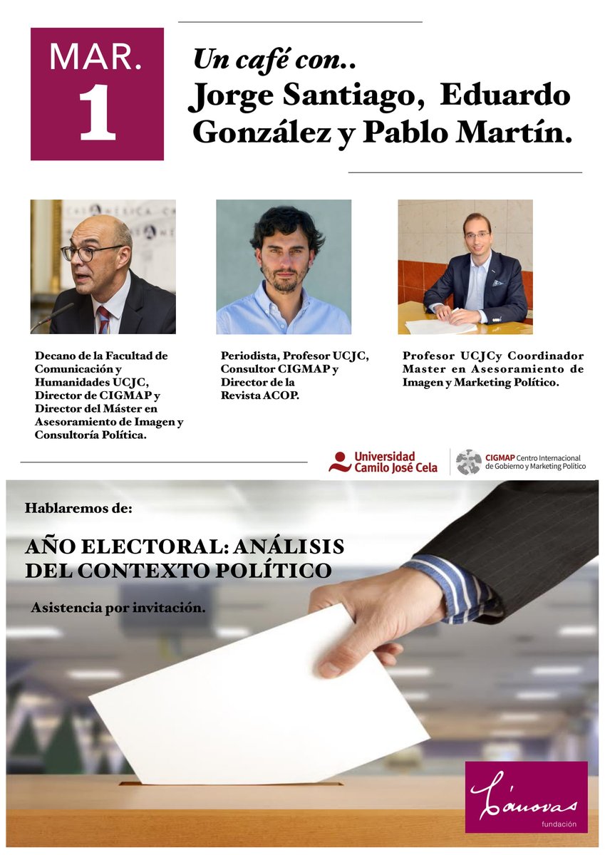 El próximo viernes 1 de marzo tendremos la suerte de contar con Jorge Santiago Barnés, <a href="/eduardoglezvega/">Eduardo G. Vega</a> y Pablo Martín que nos hablarán del contexto político en este intenso año electoral.
Tendrá lugar en la <a href="/universidadcjc/">UCJC</a>, si estás interesado escríbenos MD! <a href="/cigmapucjc/">CIGMAP</a>
#ComPol