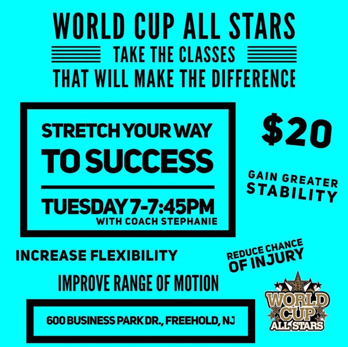 WorldCupallstar's tweet photo. Work in your flexibility with Coach Stephanie tonight at 7pm. #stretchclass #goldentourage @sbunis 🚾🖤💛 https://t.co/UloaiAzxc5