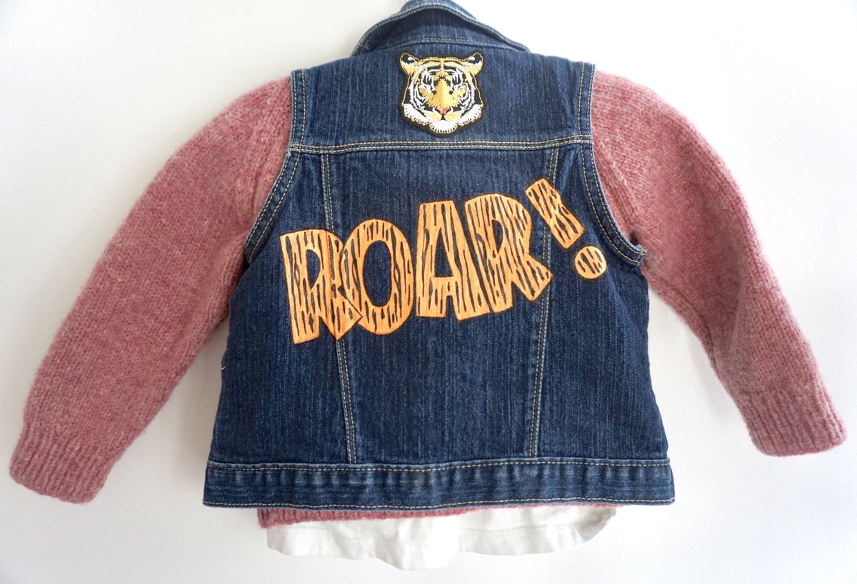 bigbluedenim's tweet photo. ROAR! Transition your kid’s winter look into spring with loads of layers!! I love the orange and pink contrast of this look; cool, cozy and totally original 🐯💕 #roar #tiger #painteddenim https://t.co/o29ZSvYd5a