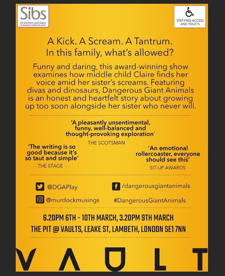 MurdockMusings's tweet image. 📣 LONDON - Do you know anyone connected to #disability or #caring? Invite them to #DangerousGiantAnimals (@DGAPlay)! We have 6 shows next week &amp;amp; we’d love to see them there! Help us spread the word 🙌👊 

#disabilityawareness #siblings #carers #youngcarers #vaultfestival2019