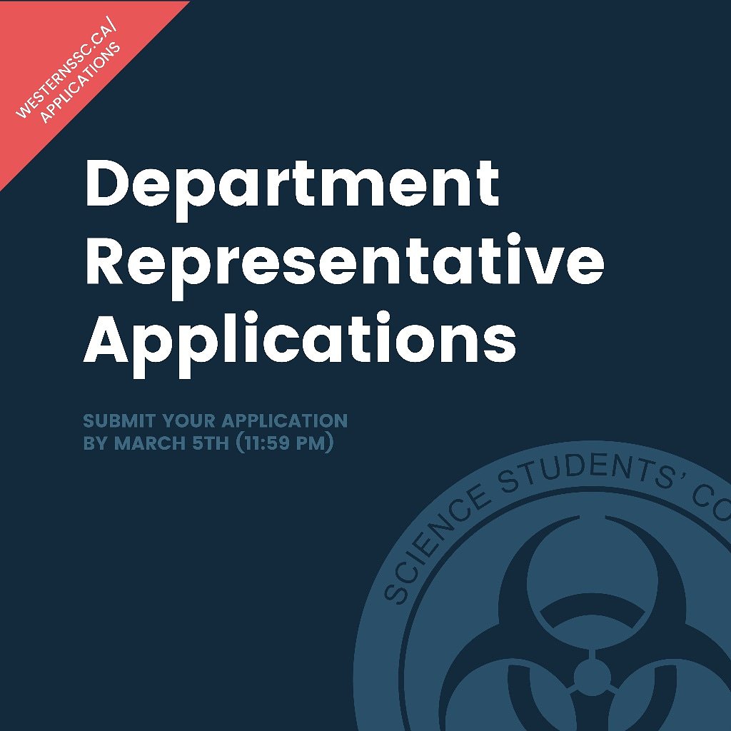 Department representative nominations are due ONE WEEK from today at 11:59 PM on MARCH 5.

Note that we have a NEW nomination and election process that includes A WRITTEN PORTION, NEW TIME LIMITS, A QUESTION PERIOD and will be over the course of TWO DAYS!

westernssc.ca/applications
