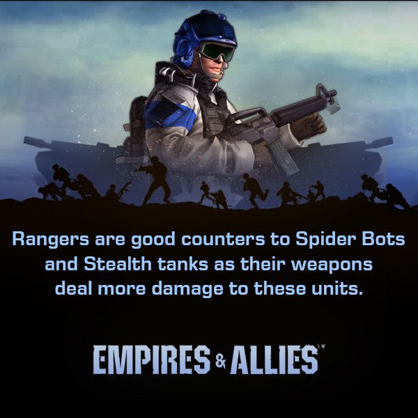 It's time to prepare our strategy! Deploy Rangers on the battlefield to destroy enemies Spider Bots and Stealth Tanks now. If you have any strategy tips that you want to share with us, comment it below and may the best one win!

Play #EmpireAndAllies 👉 zynga.my/ealinks