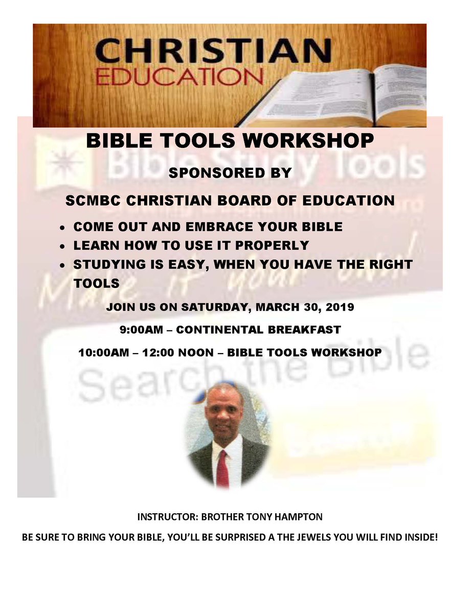 ShilohCMBC's tweet photo. Good morning from #ShilohCMBC! Today's #activities are Food Ministry 12-2pm &amp; AA Meeting 7pm. ShilohCMBC Christian Education would like to invite you to attend Bible Tools Workshop on Saturday, March 30, 2019 with instructor Brother Tony Hampton. https://t.co/49wiFx5ITS