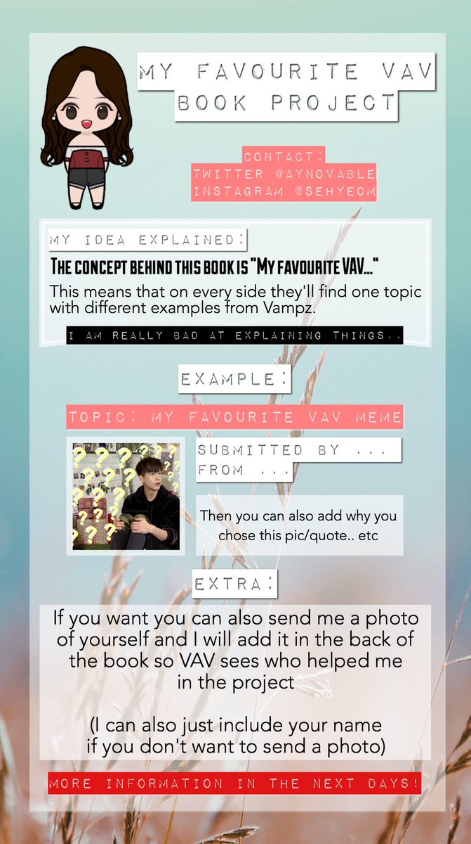 aynovable's tweet photo. 🌱 [VAV Book Project]

I just had this idea for a little fan project and wanted to ask if anyone would be interested in being a part of the book?

If you have any questions/ideas pls let me know in the comments or dm me!

#VAV #VAVProject #VAMPZ https://t.co/kZxabJHYip