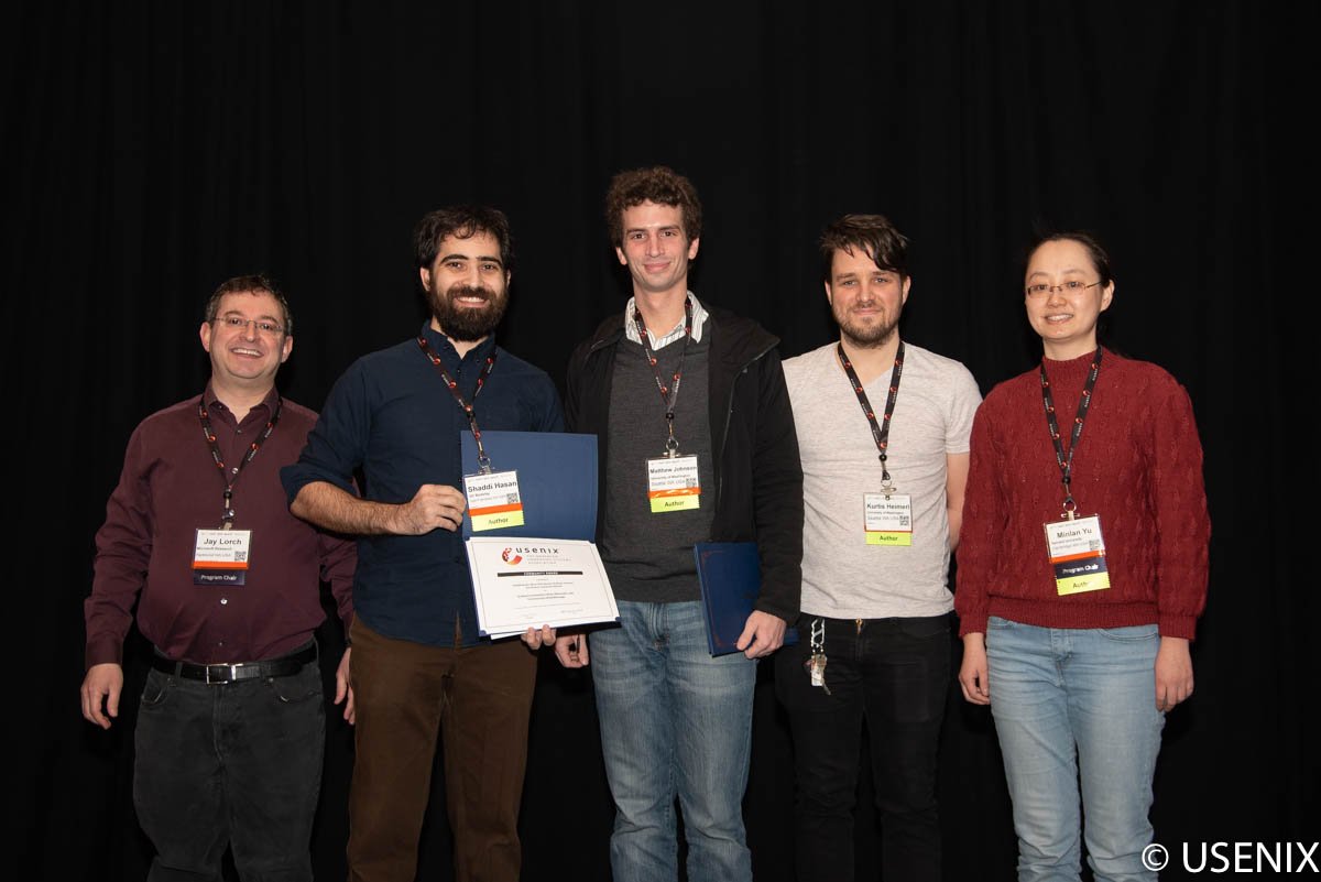 usenix's tweet photo. Winners of the #nsdi19 Community Award: "Scaling Community Cellular Networks with CommunityCellularManager" Authors: S. Hasan, @Berkeley_EECS; M.C. Barela, @Official_UPD; M. Johnson, @uwcse; Eric Brewer, UC Berkeley; Kurtis Heimerl, U. Washington https://t.co/RL9tK2a4Df