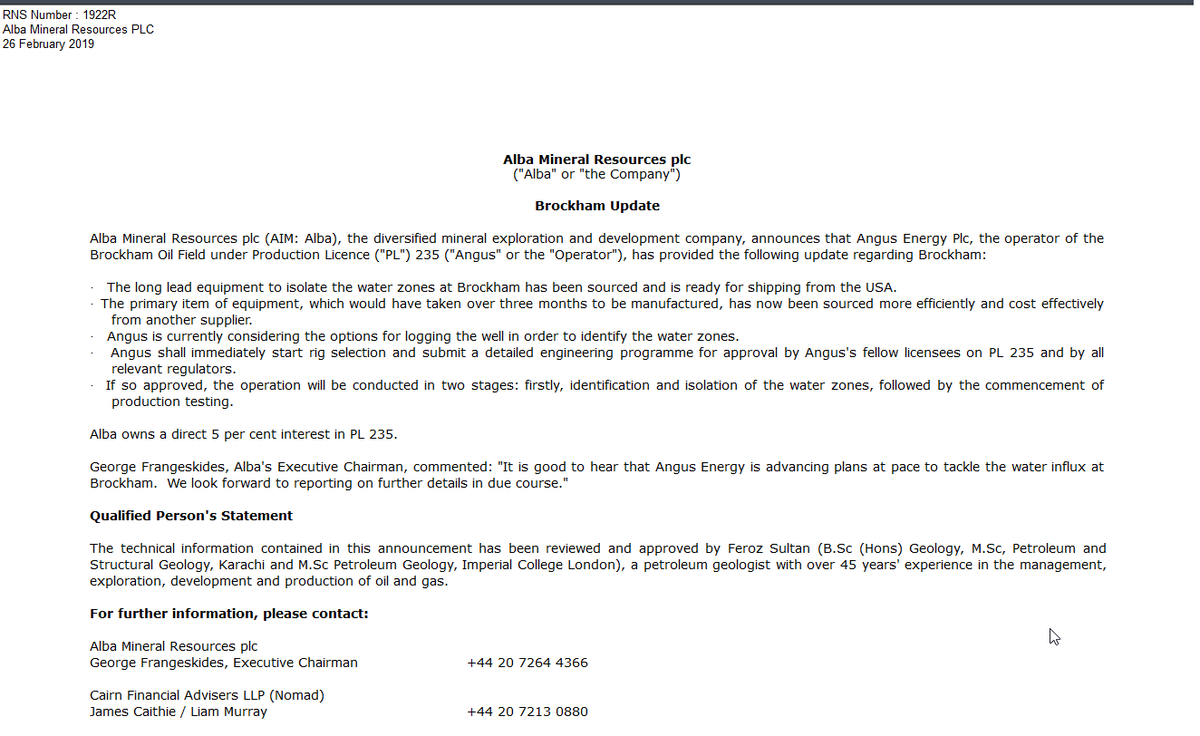 TradeInsights's tweet photo. #ANGS #ALBA RNS 26-02-2019
Alba Mineral Resources plc
 ("Alba" or "the Company")
  
 Brockham Update https://t.co/1ApTVJtQYz