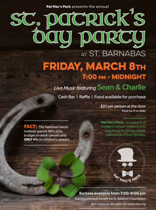 PatMacsPack's tweet photo. RETWEET CONTEST!!

#PatMacsPack Annual St Patrick's Day Party is on Friday March 8th at 7pm at St Barnabas gym. Great time for a GREAT cause!

RT this by Noon on Fri Mar 1st and you'll be entered to win a 6-pack of #PatMacsPack PINT GLASSES! 

And...JOIN US on Friday March 8th! https://t.co/oJnAPH2I2u
