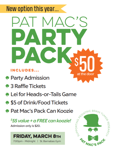 PatMacsPack's tweet photo. RETWEET CONTEST!!

#PatMacsPack Annual St Patrick's Day Party is on Friday March 8th at 7pm at St Barnabas gym. Great time for a GREAT cause!

RT this by Noon on Fri Mar 1st and you'll be entered to win a 6-pack of #PatMacsPack PINT GLASSES! 

And...JOIN US on Friday March 8th! https://t.co/oJnAPH2I2u
