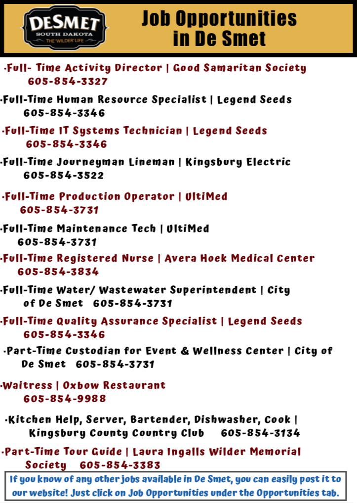DeSmetDev's tweet photo. Looking for a job? De Smet has a wide range of positions available! #JobsInDeSmet #JobsInSD #SDJobs #SDWorks #Jobs #Hiring https://t.co/o6iSyBqSna