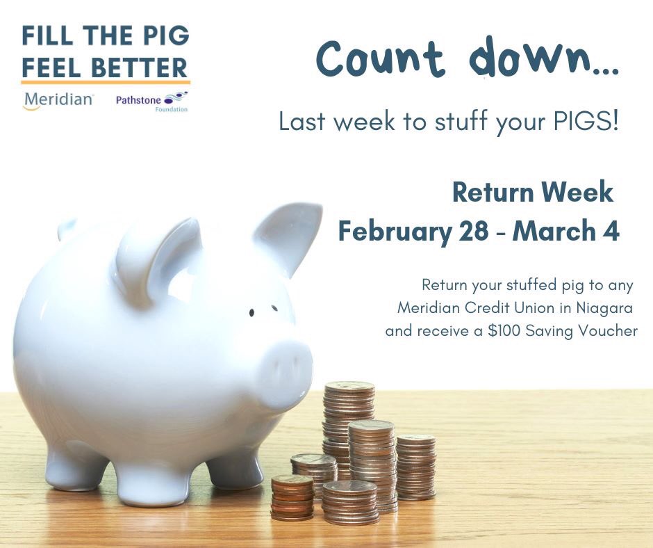 <a href="/fill_the_pig/">Fill The Pig, Feel Better!</a> countdown - This is your last week to STUFF THOSE PIGS! Return week Feb 28 to March 4. Drop by any <a href="/MeridianCU/">Meridian CU</a> in #Niagara with your filled piggy bank &amp; receive a $100 Savings Voucher. Supporting children's mental health one piggy bank at a time #fillthepig