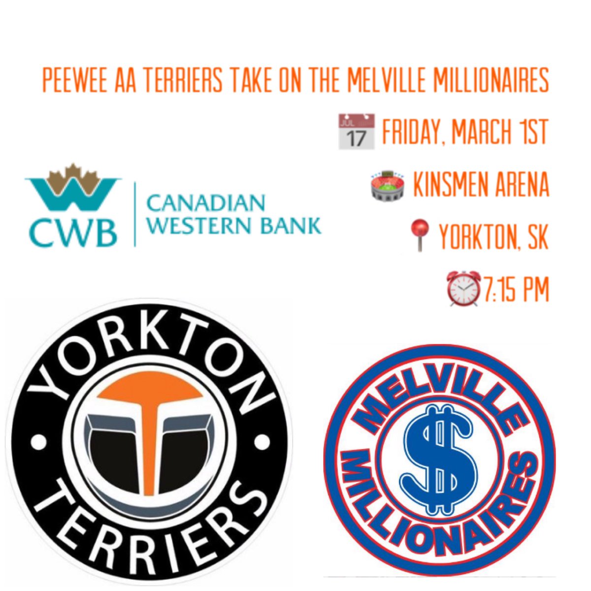cwb_aa's tweet photo. It’s PLAYOFF time 👏🏼👊🏼 Bring your bells and horns Friday night for another great HWY 10 BATTLE #GoTerriersGo #YorktonHockey #BringIt @melville_19 @BennyGX94Sports https://t.co/b84ME3ee9t