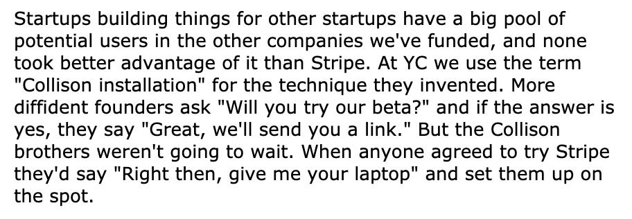 2/ The time between idea and execution is 100x shorter for them than the median person. I love this anecdote from  @paulg about  @patrickc and  @collision -  http://paulgraham.com/ds.html 