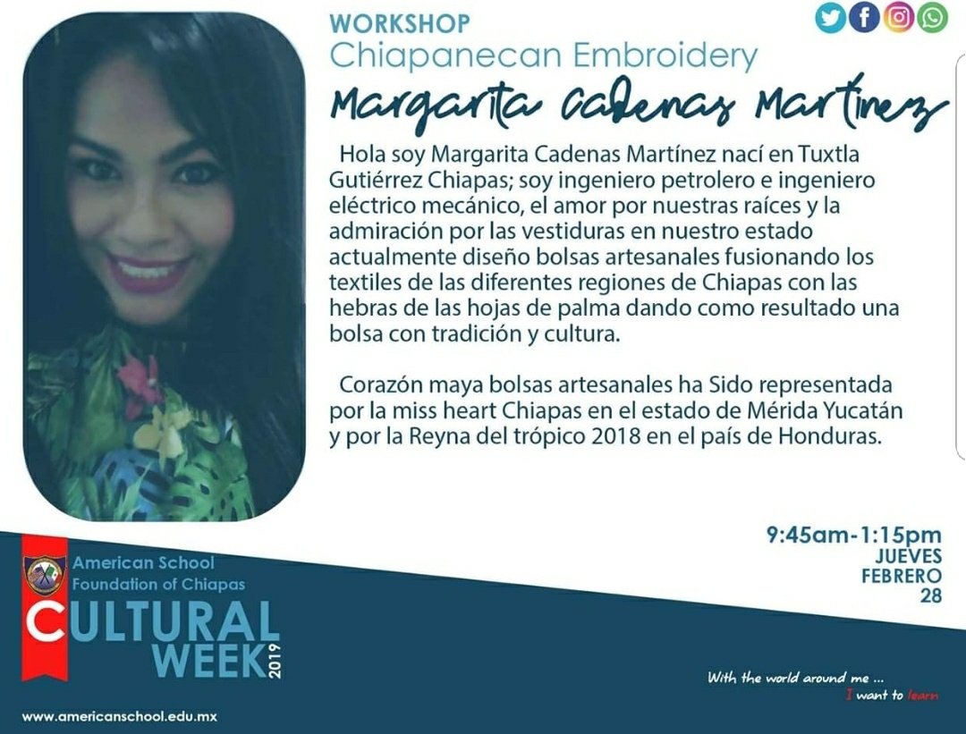 YoArrecha's tweet photo. Nuestra arrecha, Margarita Cadenas, compartirá su experiencia en el Workshop Chiapanecan Embroidery en la semana cultural del American School con su marca Corazón MAYA bolsas artesanales

Jueves 28 de febrero
9am - 1 de la tarde.
Te esperamos! https://t.co/MZU9LG8fIF