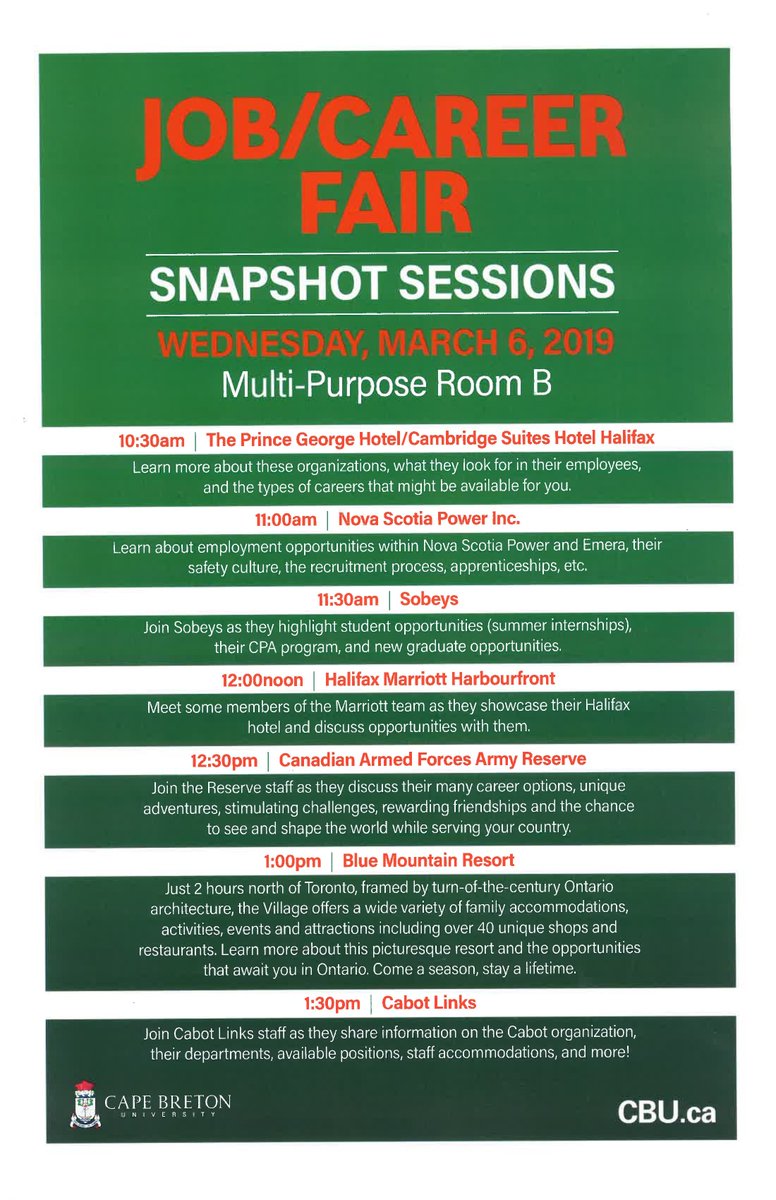 SSatCBU's tweet image. CBU Job/Career Fair is next week! Don't miss your chance to hear all about the upcoming job opportunities and find out more about prospective employers as part of Snapshot Sessions. The sessions are taking place from 10:30AM to 1:30PM in Multi-Purpose Room B.