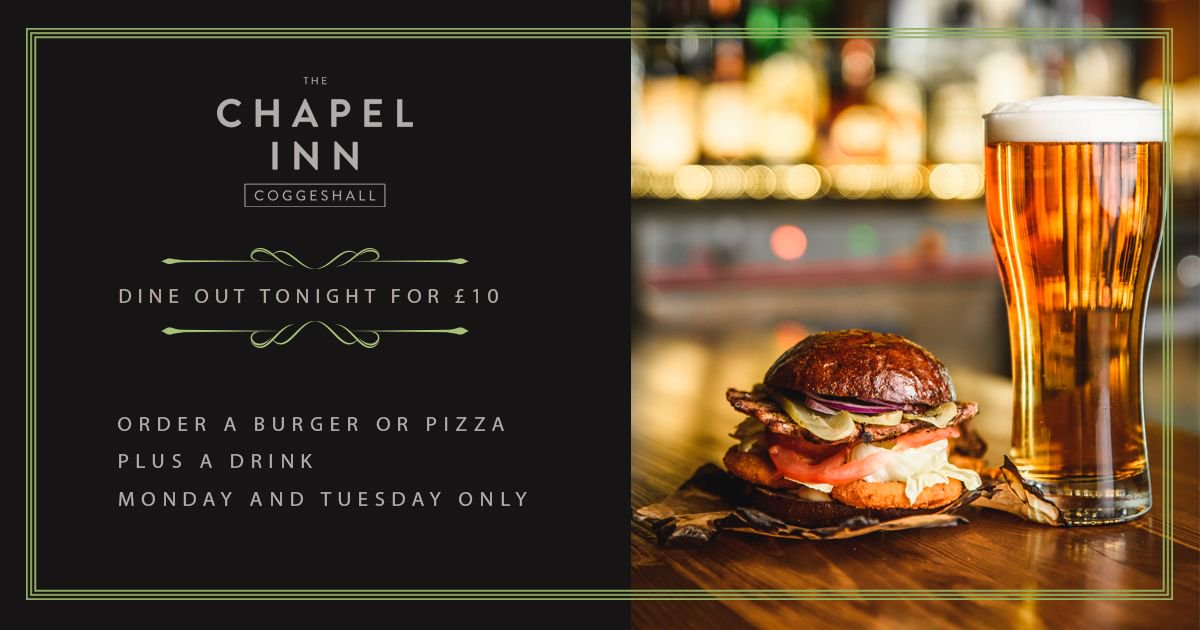 Order a Pizza or a Burger, plus a drink for just £10 - join us on Monday and Tuesday and dine out for just a tenner!