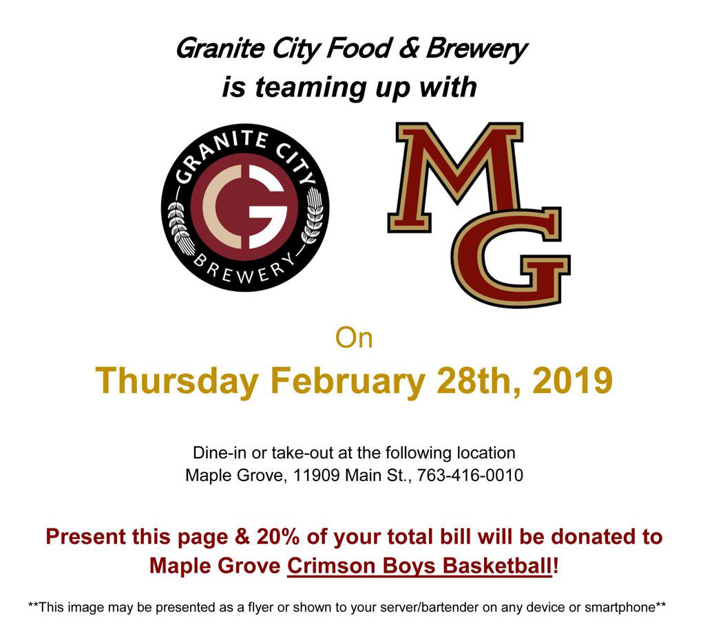 GroveHoops's tweet photo. Help support the Crimson Basketball program with a family meal Thursday at the Maple Grove Granite City. Show this add to your server and we receive 20% of your total! #FeedTheLeaf https://t.co/LxCoTsxi4C