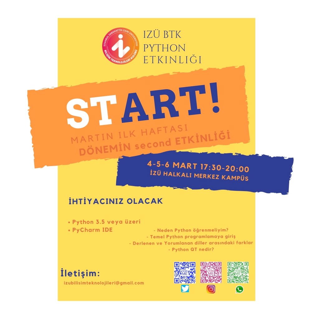 İzu Btk eğitimlere hız kesmeden devam ediyor!
3 gün sürecek olan python eğitimimize kayıt için link 👉🏼 goo.gl/forms/YiZ2DWlM…