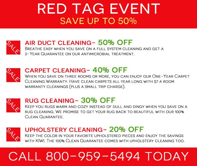 KIWI Lovers, take advantage of KIWI's awesome Red Tag Event sale! Get up to 50% off some of your favorite KIWI cleaning services!