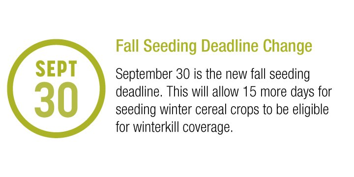 skcropinsurance's tweet photo. 2019 Crop Insurance Enhancements: Sept.30 is the new fall seeding deadline, allowing 15 more days for seeding winter cereal crops to be eligible for winterkill coverage. #SCIC #SaskAg #2019CropInsurance @SKAgriculture https://t.co/BB8gsOIx8S