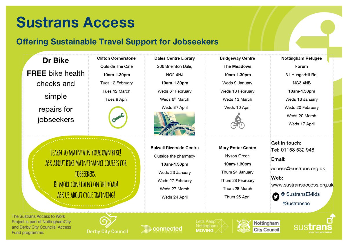 Our Dr Bike will be out at Bulwell Riverside tomorrow and Mary Potter Health Centre Thursday - 10-1.30. Jobseekers - come get your bike fixed and hear about all our other FREE cycling opportunities. #sustransaccess . <a href="/my_hysongreen/">My Hyson Green</a> <a href="/LoveBulwell/">We Love Bulwell</a> <a href="/Transport_Nottm/">Transport Nottingham</a> <a href="/nottmjobs/">Nottingham Jobs</a>