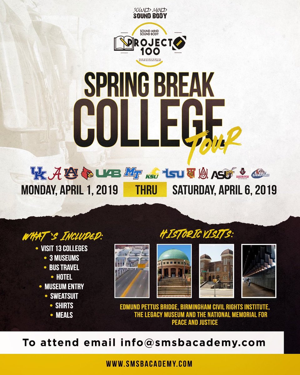 smsbacademy's tweet photo. Wanna go on the #SMSBProject100 Spring Break College Tour? We are leaving Michigan and going to 13 colleges and historic sites.
Send an email to info@smsbacademy.com with name, grade, school, position. 
🔥By Mal Media https://t.co/FvZWhRoCgi