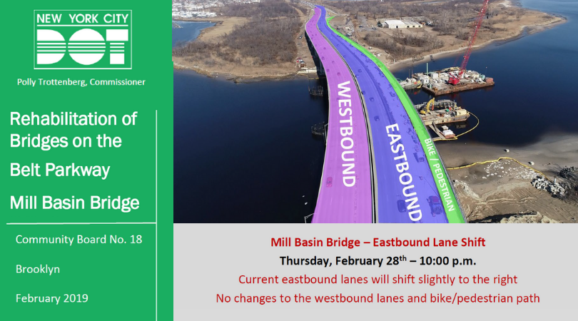 Rehabilitation of Bridges on the Belt Parkway Mill Basin Bridge, Community Board No. 18, Brooklyn, February 2019. Mill Basin Bridge - Eastbound Lane Shift, Thursday February 28 - 10PM. Current eastbound lanes will shift slightly to the right. No changes to the westbound lanes and bike/pedestrian path.