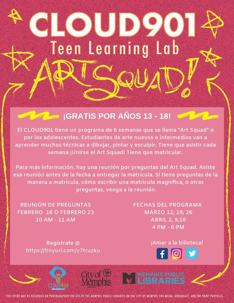 ¿Vieron que <a href="/MEM_Library/">Memphis Libraries</a> y <a href="/Cloud901TeenLab/">#CLOUD901</a> tienen un programa GRATIS para adolescentes que tienen una pasión para las artes? El programa comienza el 12 de marzo. ¡No se lo pierdan! Los detalles están en el imagen.