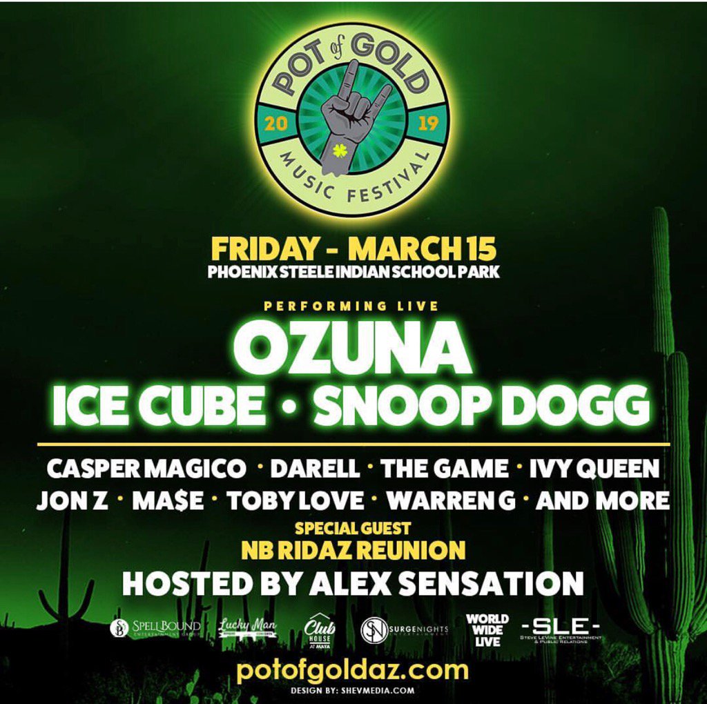 themarqueeaz's tweet image. JUST ANNOUNCED! Friday's Pot of Gold Lineup!! Joining Ozuna, Ice Cube, and Snoop Dogg are: The Game, Jon Z, Ivy Queen, Warren G, Ma$e, Casper Mágico, Toby Love, Darell, and more!! Get your tickets now on PotofGOldAZ.com now!! 🍀🤘