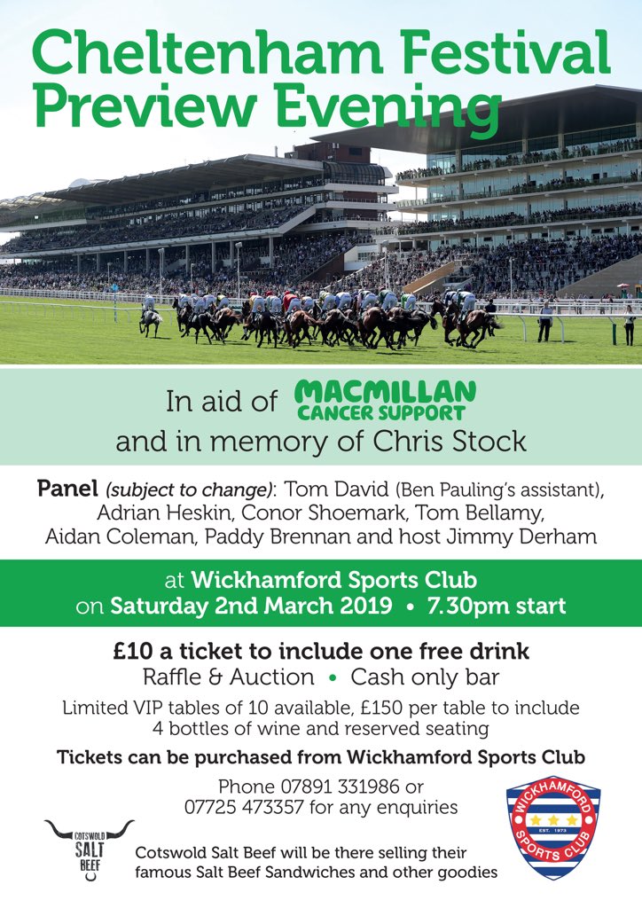 Cheltenham Preview this Saturday in Wickhamford. Amazing panel all doing it for <a href="/macmillancancer/">Macmillan Cancer Support</a> 💚 thank you <a href="/jimmyDerham/">Jimmy Derham</a> <a href="/AidanColeman/">Aidan Coleman</a> <a href="/PaddyBrennan81/">Paddy Brennan</a> <a href="/ConorShoemark/">Conor Shoemark</a> <a href="/tommy_bells/">Tom Bellamy</a> <a href="/adrianheskin/">adrian heskin</a> <a href="/Tomdavid22/">Tom David</a> - a few tickets still available.