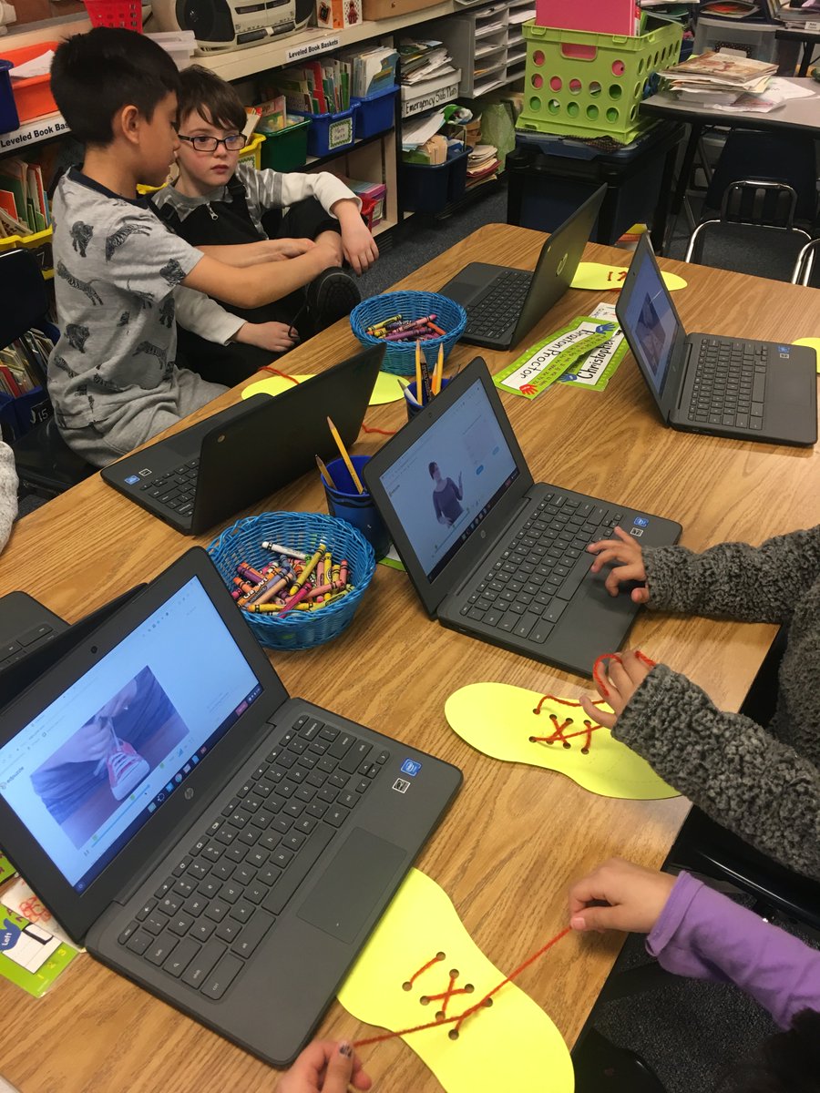 mbutterfield's tweet photo. Firsties learning to tie shoes with EdPuzzle and a friend. @BeehiveElem #ittakespractice #icandohardthings #GSDEdTech https://t.co/hnBFVTTRqj
