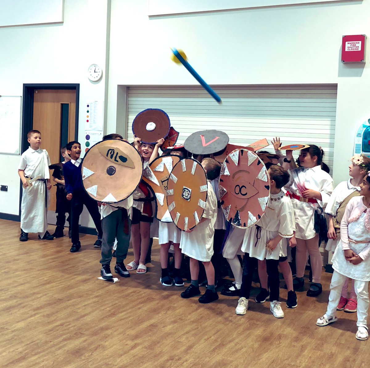 KirchinMiss's tweet photo. What a day! It was great fun representing Athens and Sparta, with the children getting very competitive in our own mini Olympics and trivia battle! We also found our shield formation worked very well to protect our soldiers 🇬🇷 #engageday https://t.co/wJrhsLI7X3